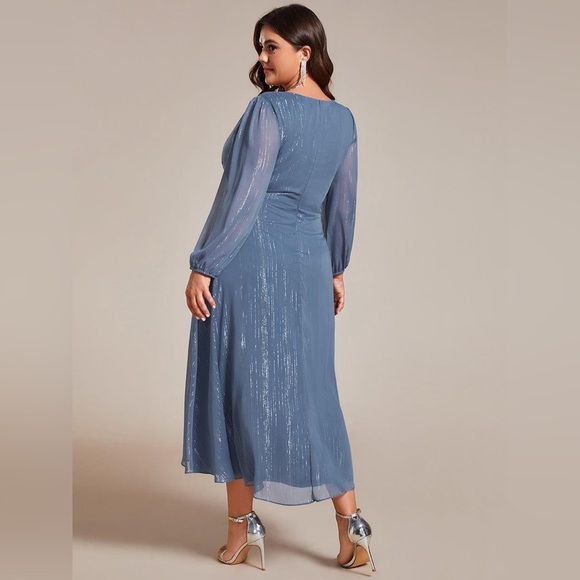 🆕 Plus Size Twist Knot Louts Leaf Long Sleeve A-Line Evening Dress - Picture 2 of 3